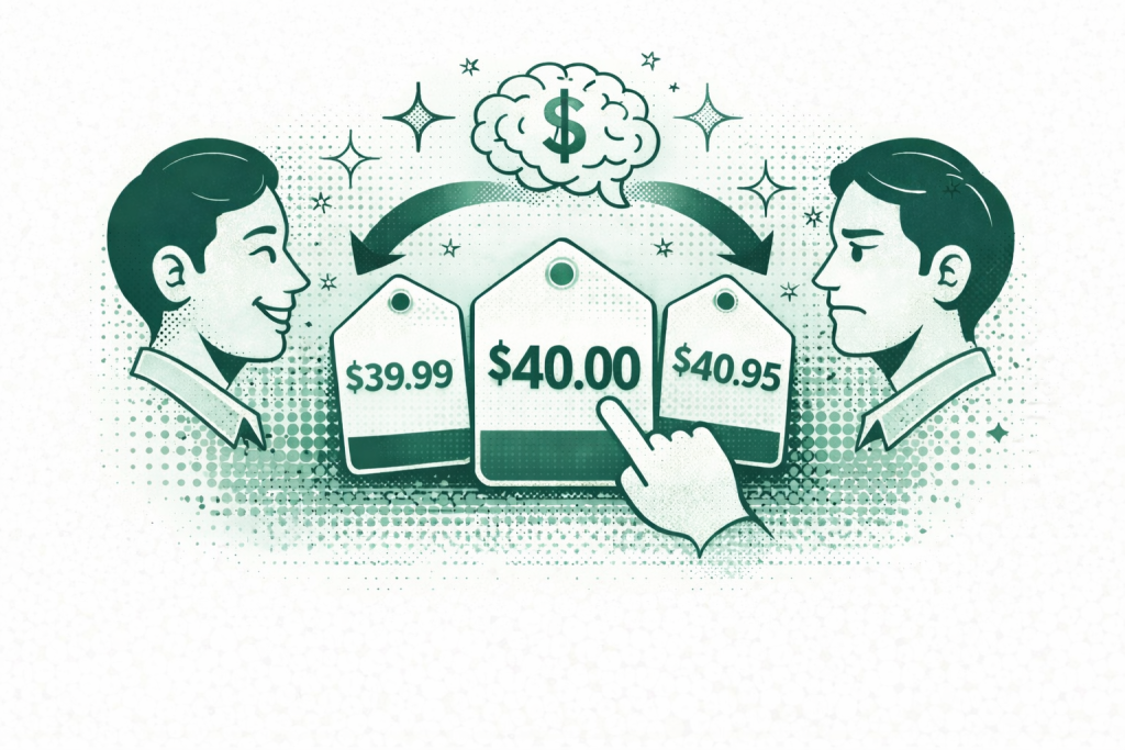 Illustration showing price rounding psychology with .99 and .95 price endings influencing consumer buying decisions